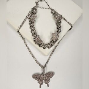 Silver Butterfly Pendant Necklace Chain Set